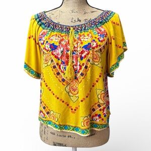 Flying Tomato Yellow Multicolor Cropped Boho Blouse. EC. Size small